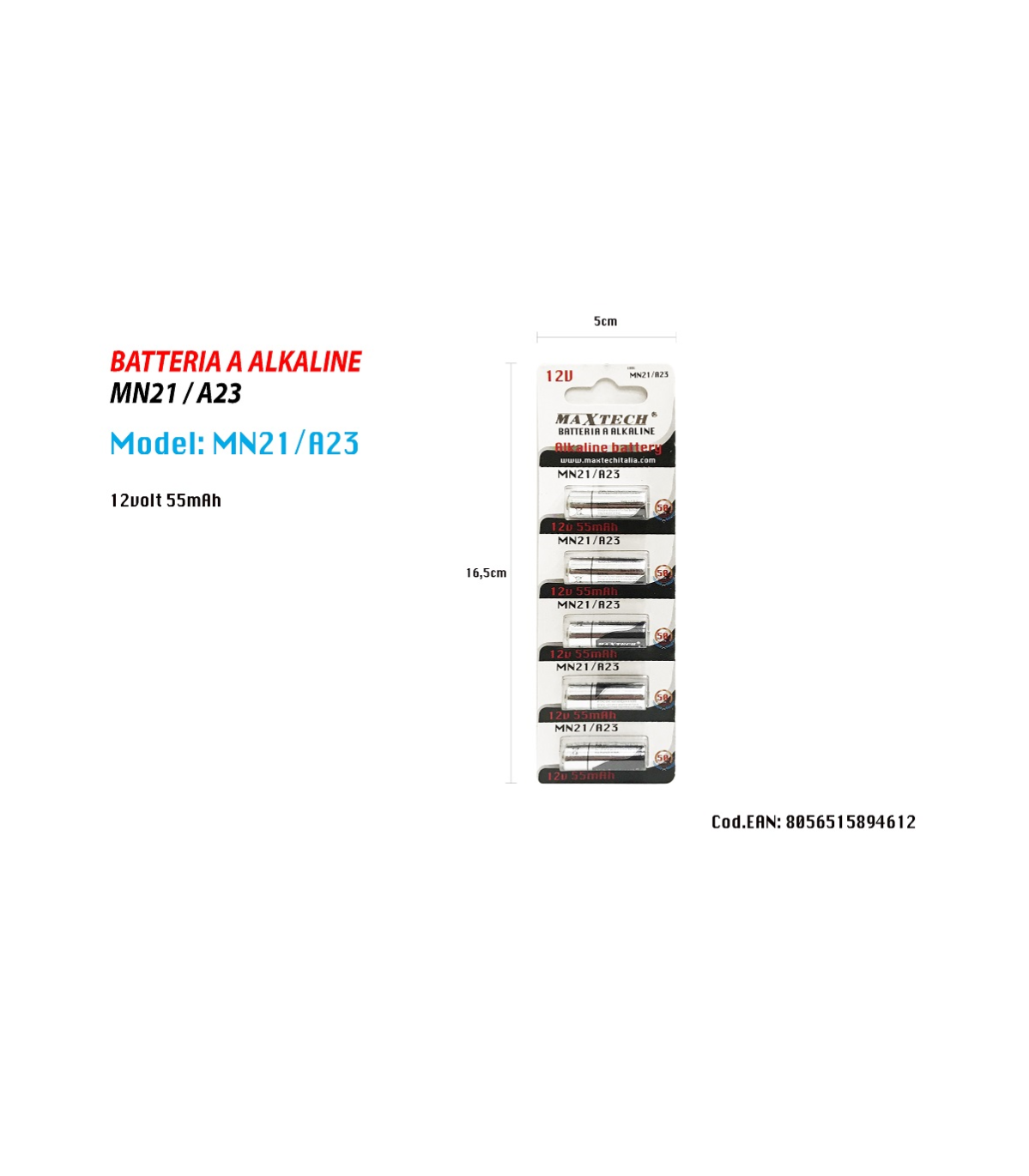 Batteria Alcalina Security MN21 12V (23A) – Blister Da 2 Pezzi, Ø10,3 X 28,5 Mm – Per Telecomandi, Allarmi E Piccoli Dispositivi