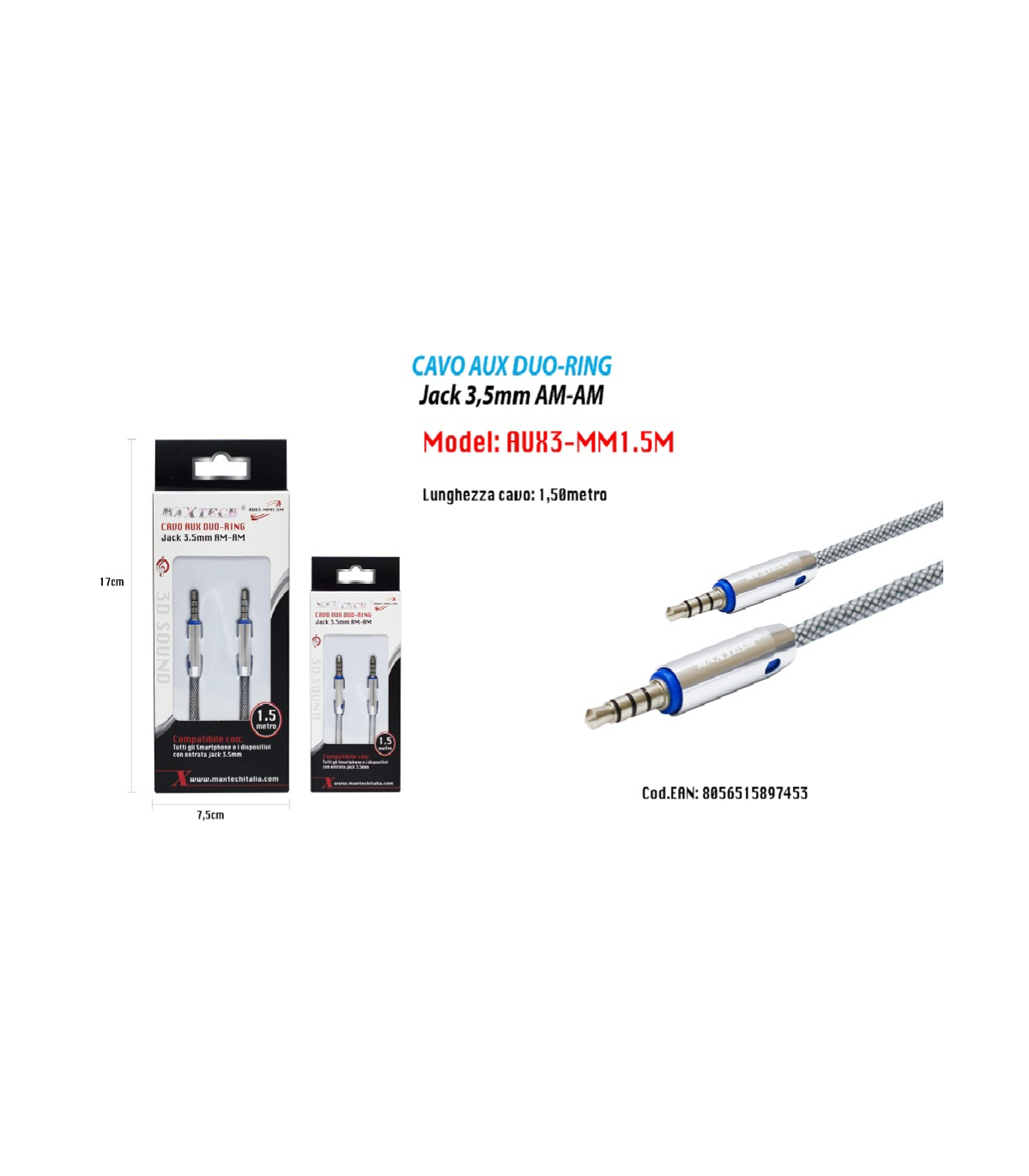 CAVO AUDIO JACK 3,5 MM MASCHIO AM/AM 1,5 MT PROLUNGA AUX PER CUFFIE MAXTECH  AUX3-MM1.5M | Leroy Merlin