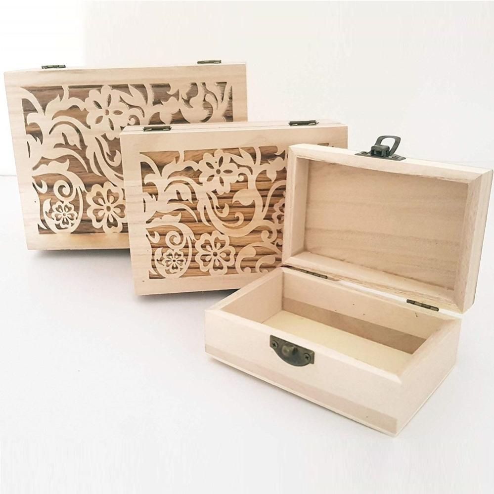 3 scatole rettangolari legno intarsiato matrioska portagioie decoupage 53423A 