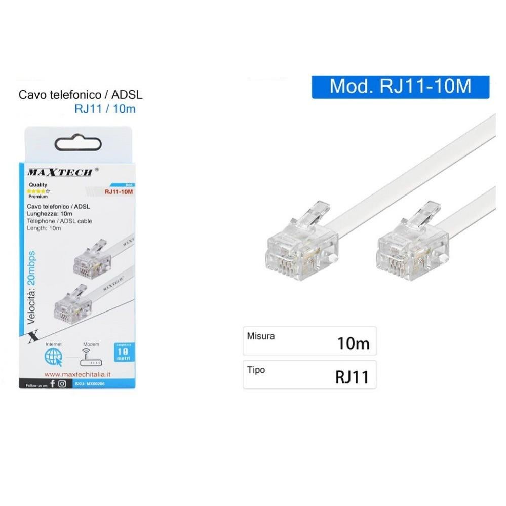 CAVO PROLUNGA TELEFONICA RJ11 10MT MAXTECH RJ11-10M COLLEGAMENTO MODEM ...