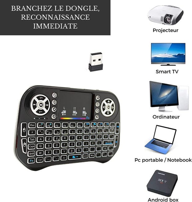 Ovegna I12 : Mini Clavier, Télécommande, Sans Fil Azerty, 2.4ghz, Touchpad,  Batterie Rechargeable, Rétro-éclairage, 7 Couleurs