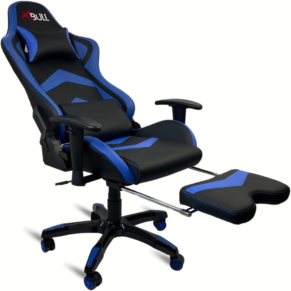 Sedia Gaming Poltrona Ergonomica Blu E Nera Con Poggiapiedi E Reclinabile  Con Supporto Lombare