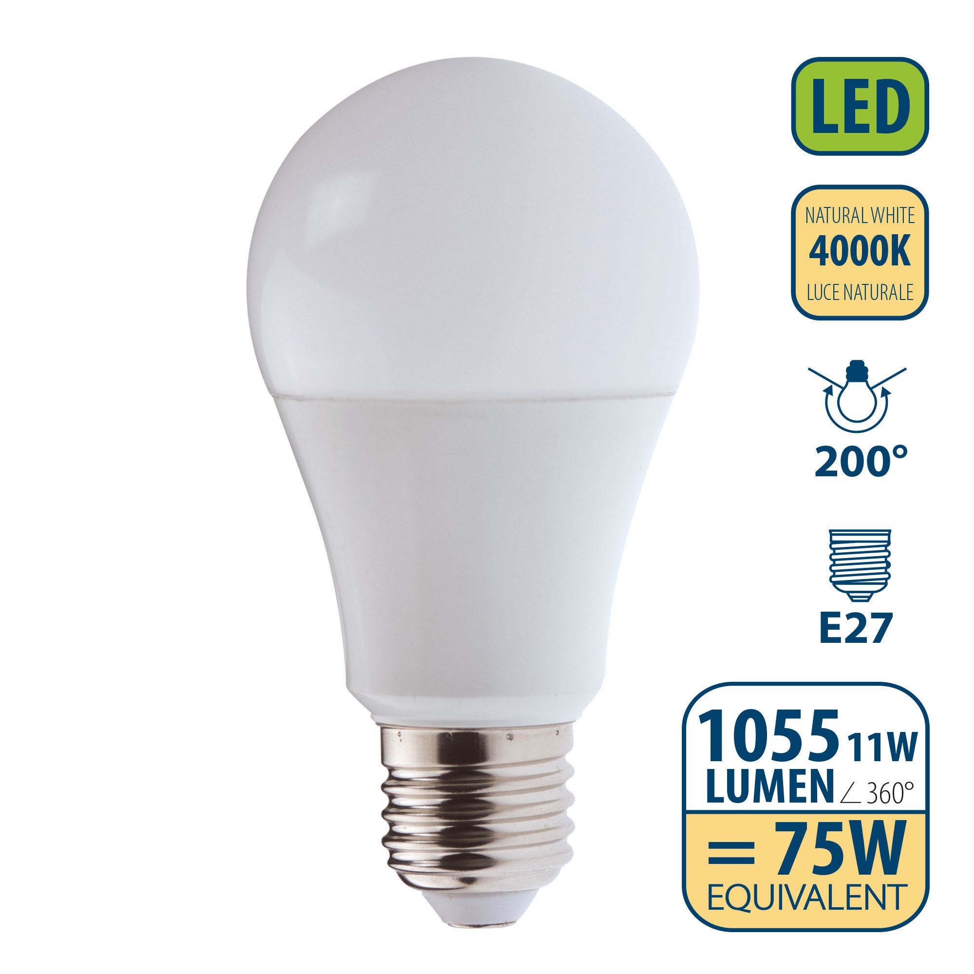 Lampadina SMD LED, Goccia A60, 11W/1055lm, base E27, 4000K