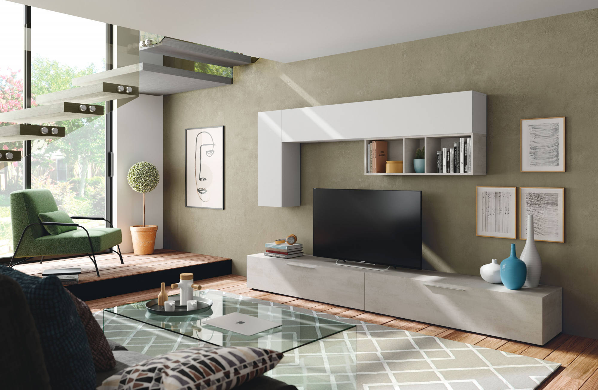 en.casa Grigio Scuro Opaco Mobile Porta TV/Consolle da Parete con 2 Ante 140 x 33 x 30 cm Armadio a Muro con Apertura a Ribalta per Camera/Salotto/Ingresso 