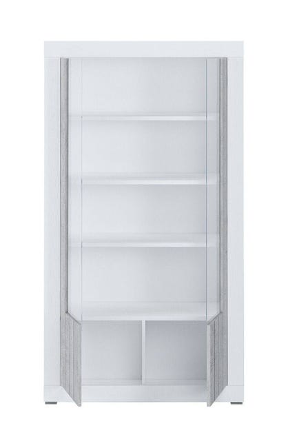 Librería de dos puertas con cristal y baldas interiores desarrolladas en  altura, 105 x 42 x h191 cm, color blanco y cemento
