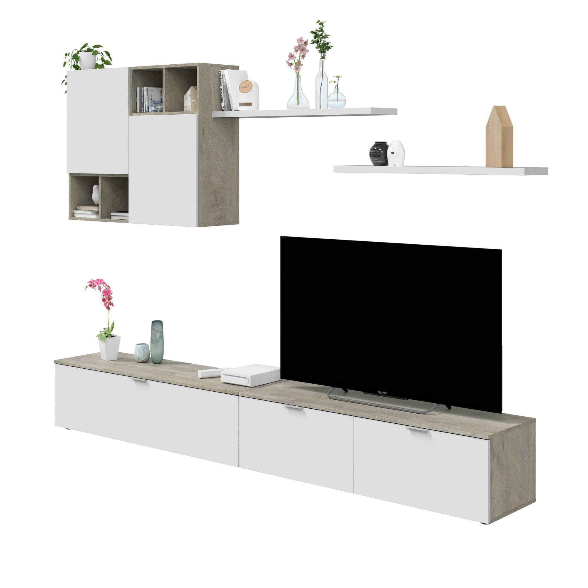 Parete attrezzata da soggiorno, Mobile porta TV moderno Bianco, con Pensile  e Mensole, cm 260 x 37 x 40, colore Bianco e Rovere