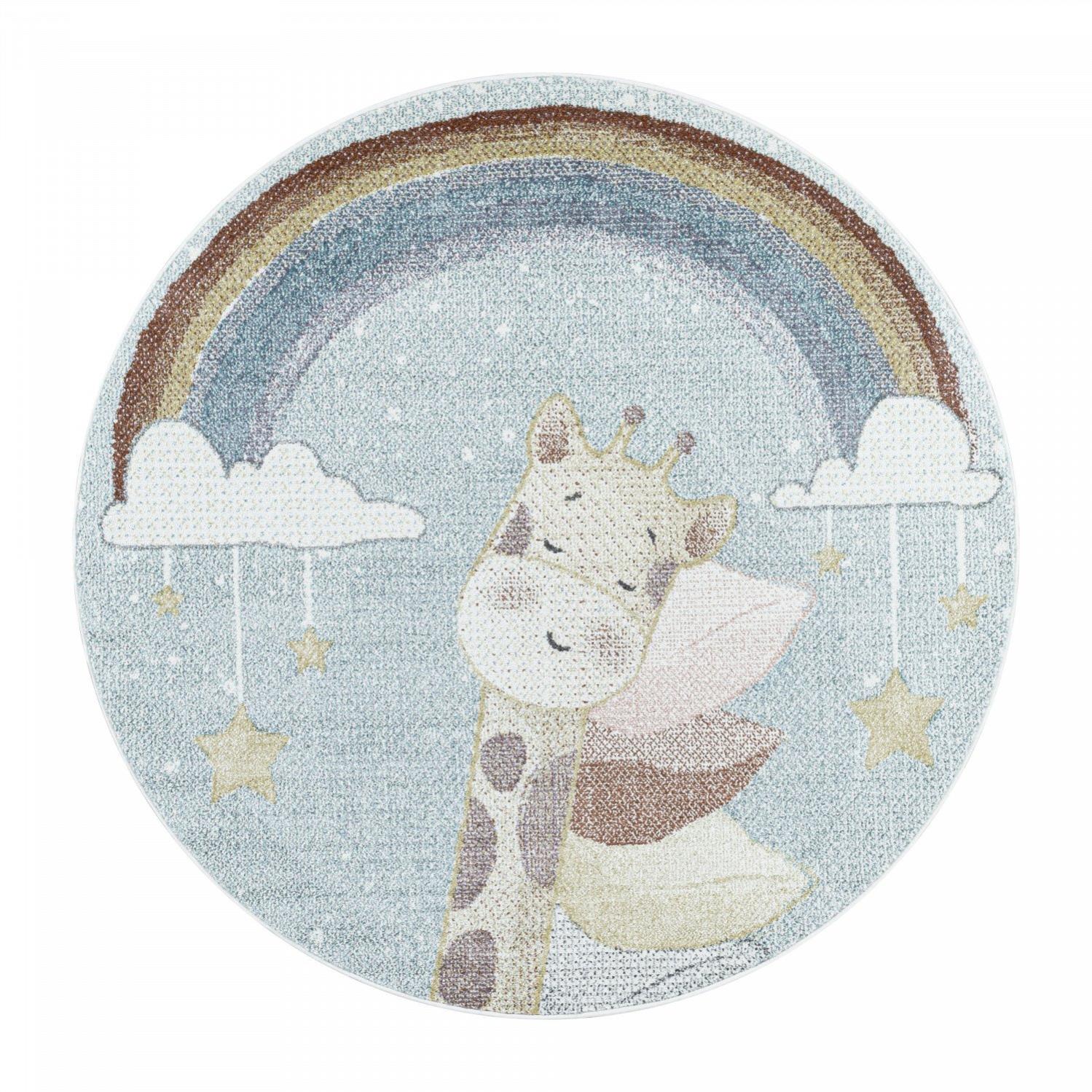 Tapis De Jeu Enfant Merinos Bleu Gris Crème 80x150 Cm - Motifs étoiles Et Nuages, Hauteur 13 Mm, Certifié Oeko-Tex