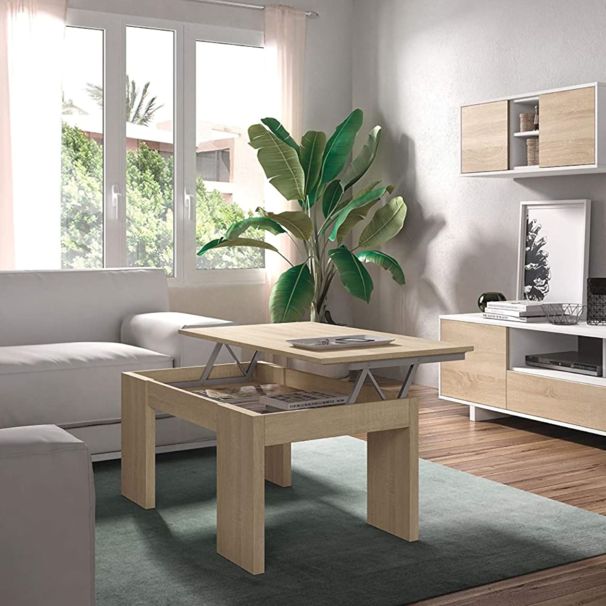 Tavolino da salotto Malibu, Tavolino da caffè con piano elevabile, Tavolo  basso da soggiorno, 100x50h43/84 cm, Rovere