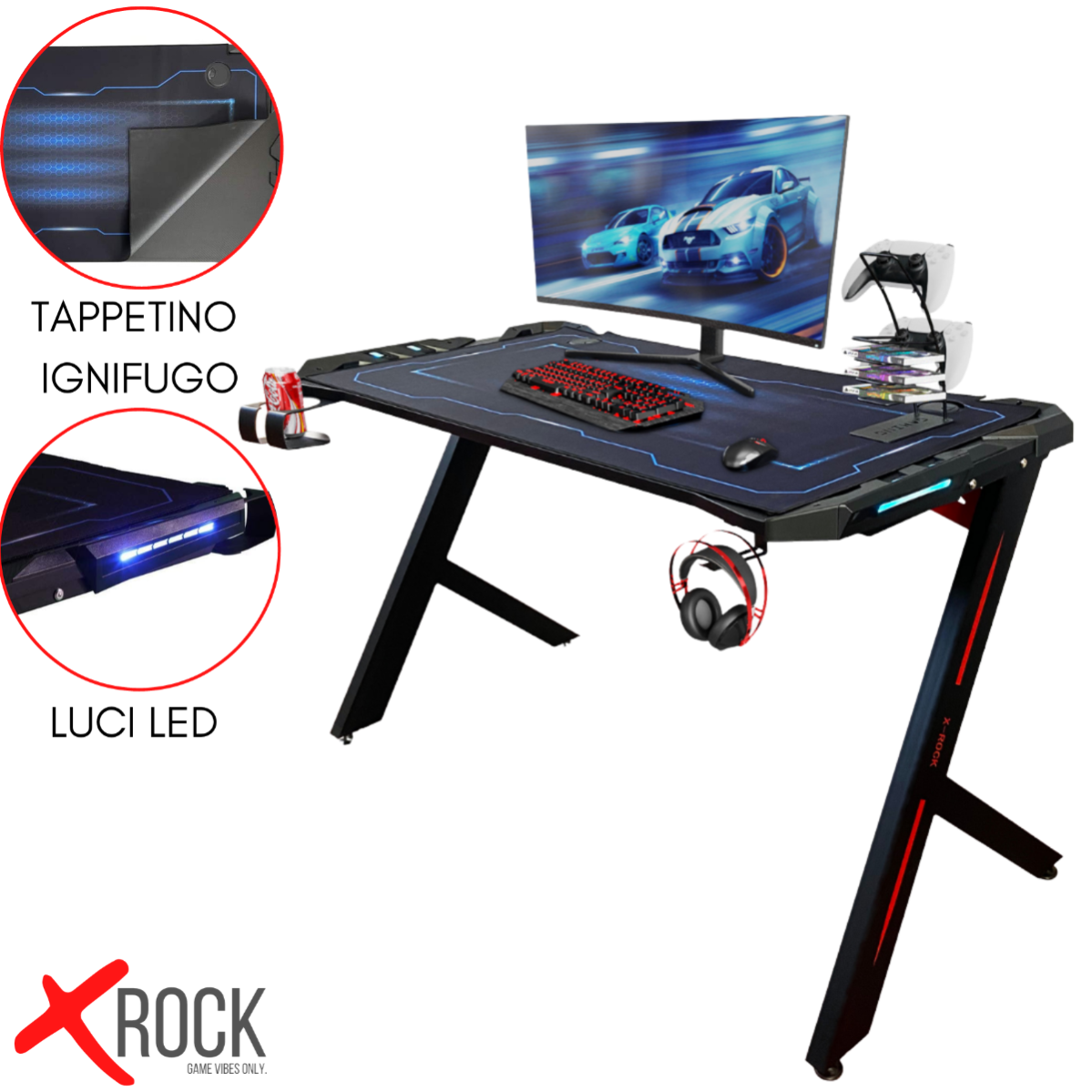 150 x 60 x 77,5 cm Ausla Gaming Desk Scrivania da Gioco Tavolo da Gioco con Luci LED RGB supportare Fino a 220 libbre con Struttura in Acciaio Forma a Z 