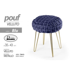 Pouf contenitore rotondo, in velluto blu e struttura in metallo