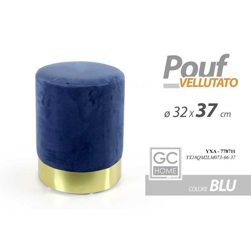 Pouf 36 cm effetto velluto blu cobalto con dettaglio anello colore oro -  Elenor