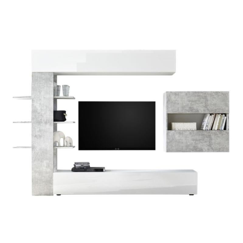 Parete Attrezzata Salotto Odessa, Mobile TV 200cm + Pensile Con Ante A Ribalta, Bianco Lucido/rovere - Design Moderno Salvaspazio
