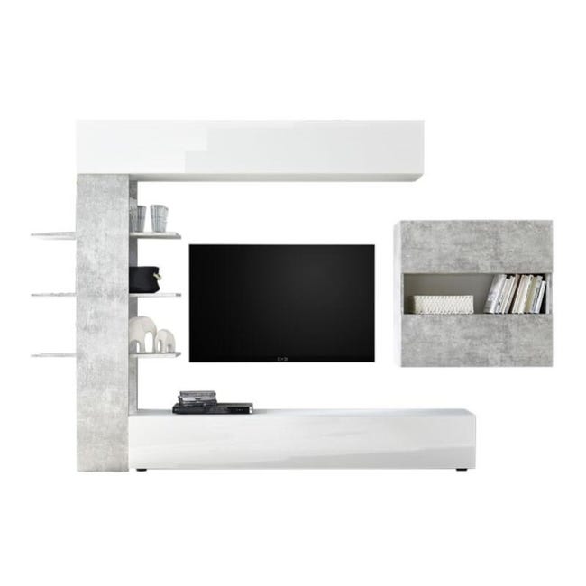 Parete Attrezzata Salotto Odessa, Mobile TV 200cm + Pensile Con Ante A Ribalta, Bianco Lucido/rovere - Design Moderno Salvaspazio