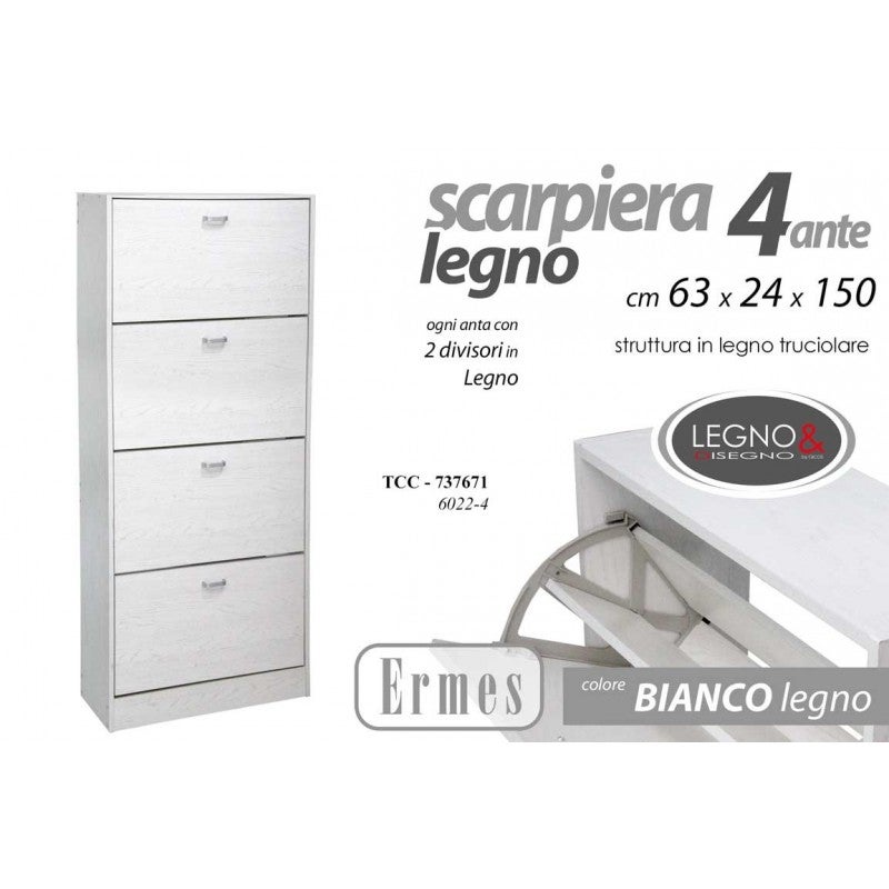 Il numero 1 del risparmio-GAIA SCARPIERA 4 ANTE A RIBALTA IN LEGNO 63 X 24  X 150 CM COLORE BIANCO