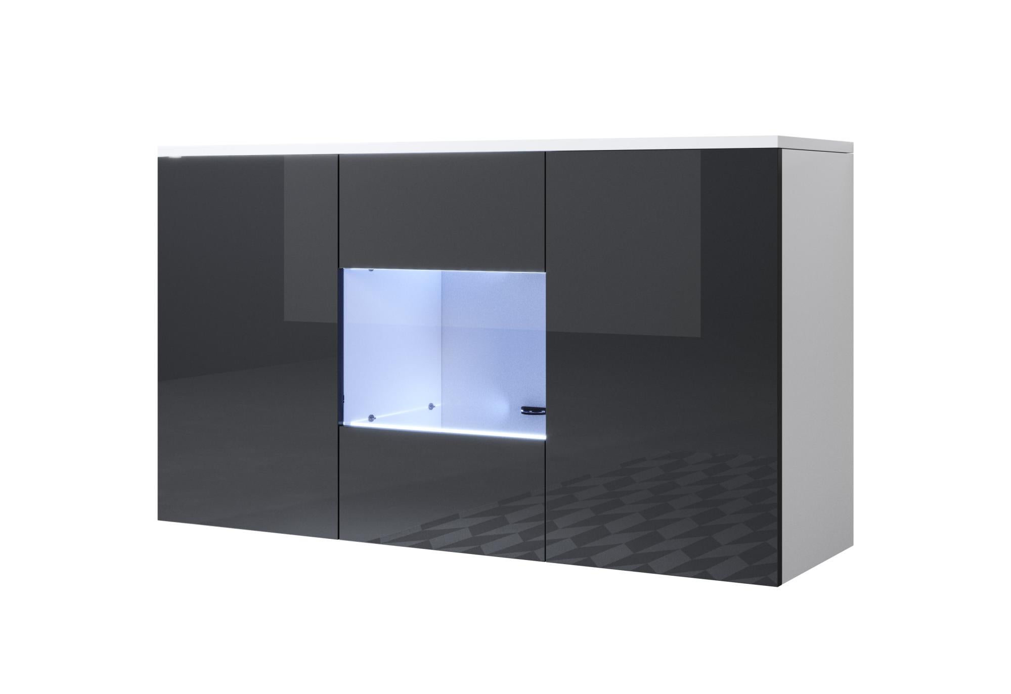 Credenza sospesa 2 ante 1 Vetrina Bianco e Nero Finitura lucida LED