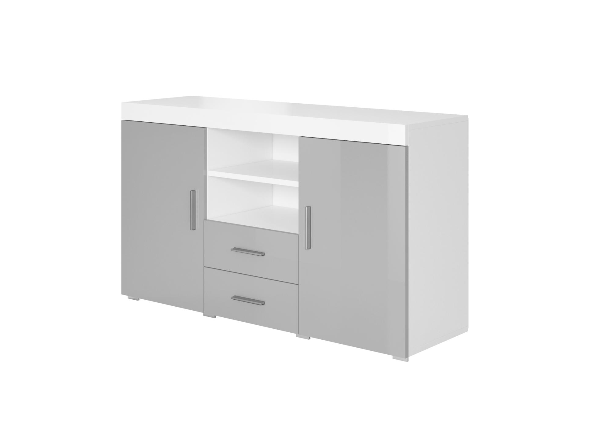 Credenza 2 ante 2 cassetti Bianco e Grigio Finitura lucida Maniglie