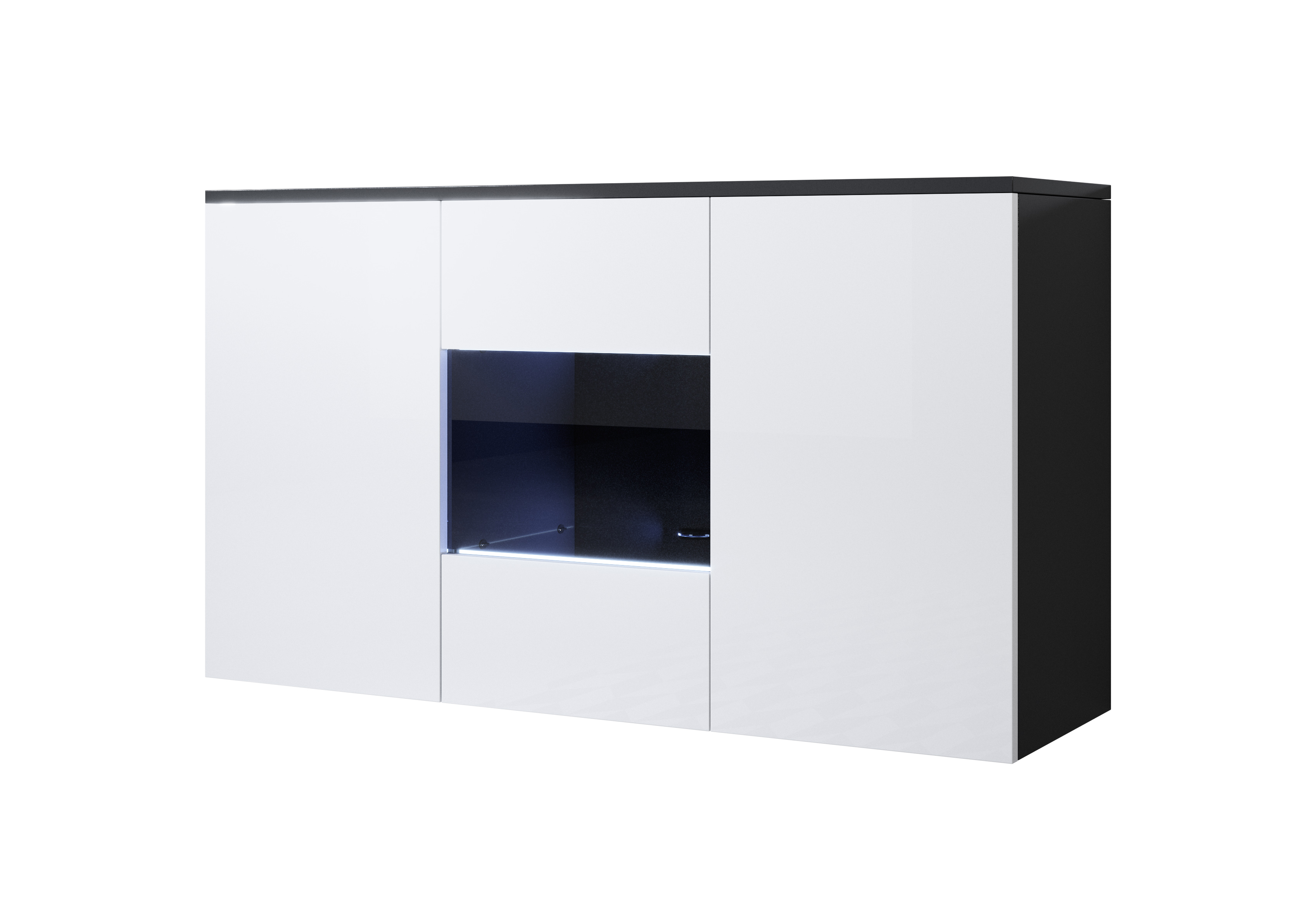 Credenza sospesa 2 ante 1 Vetrina Nero e Bianco Finitura lucida LED