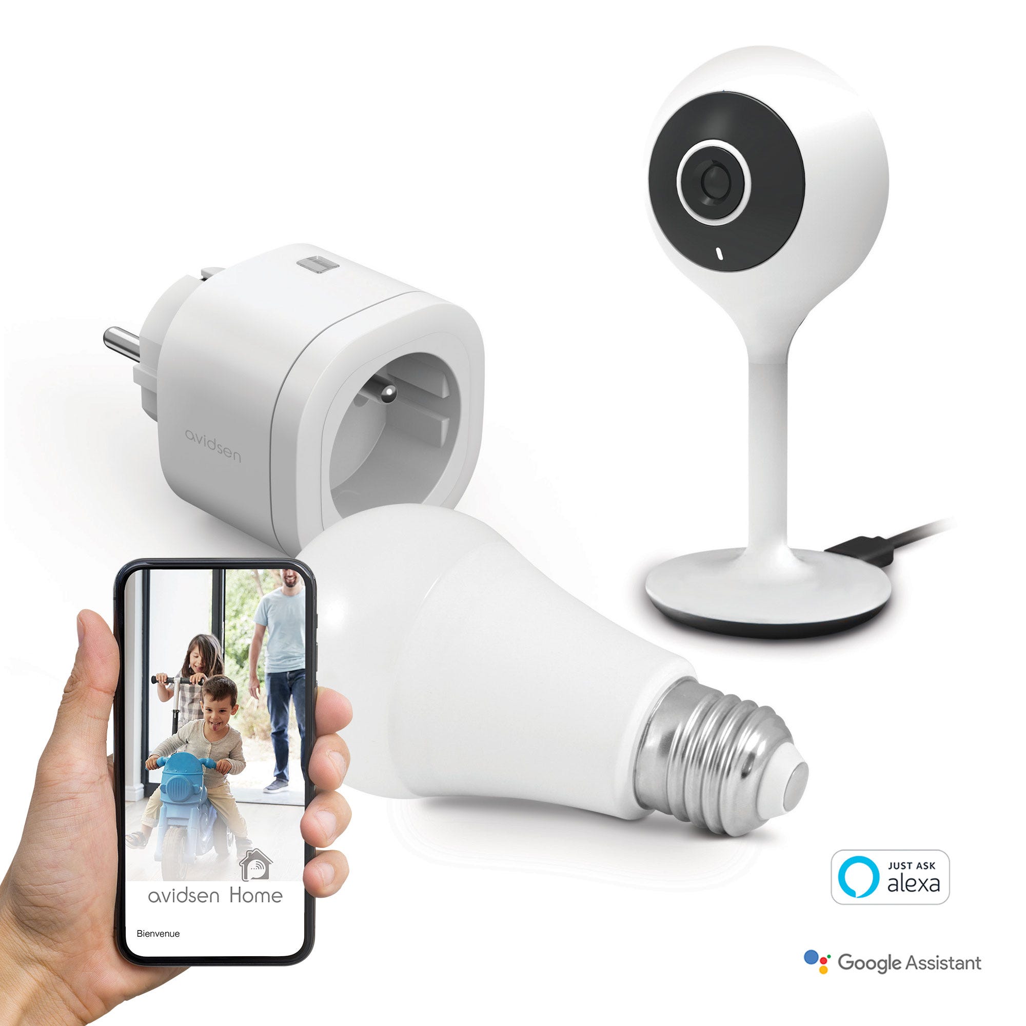 Kit Start connect Avidsen Home (caméra + prise + ampoule connectée) Google  Home Mini + prise connectée + caméra connectée fixe + ampoule connectée 