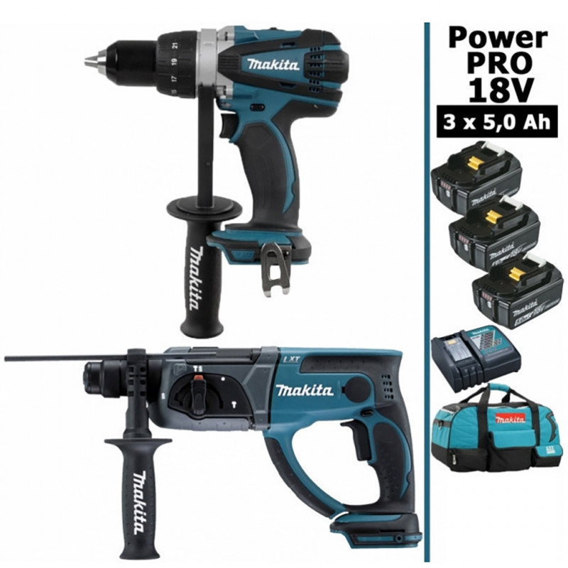 Pack Makita Power PRO 18V: Perceuse 91Nm DDF458 + Perforateur 2J DHR202 ...