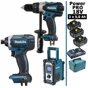 Pack Makita 18V 5Ah: DDF482 + DGA504 + DHR202 + DTD152 + machine offerte +  3 batt 5Ah + 3 Makpac - OFFERT: Radio de chantier DMR108