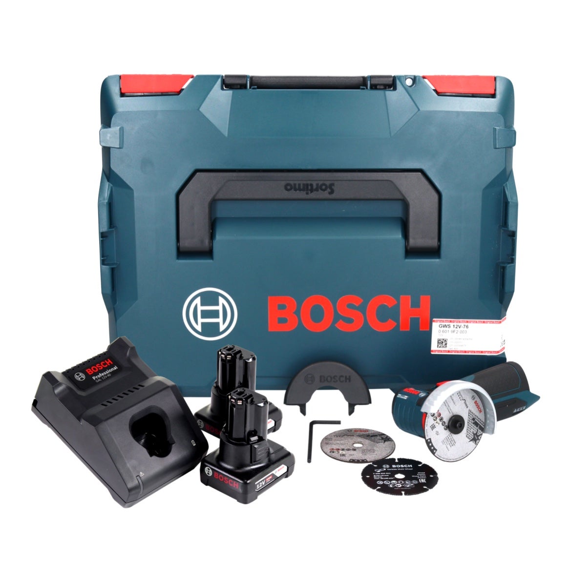 Bosch GWS 12V-76 Professional Meuleuse angulaire sans fil avec boîtier L- Boxx 2x Batteries GBA 6,0 Ah + 1x Chargeur GAL 1230