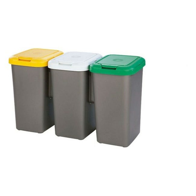 Lot de 3 poubelles de recyclage / tri en plastique gris - 25L