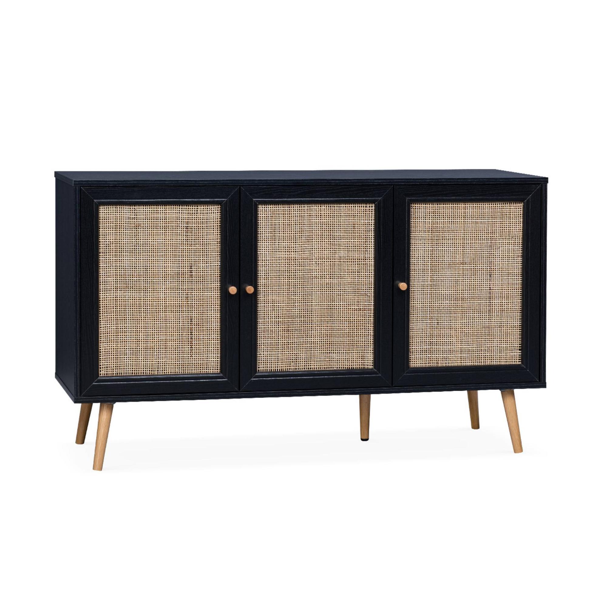 Aparador de caña, negro 120x39x70cm - bohème - 2 niveles, 3 puertas, patas escandinavas