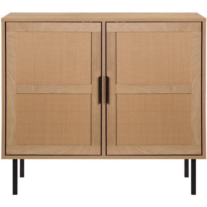Petit buffet - Rotin, chene fonce et noir - Style vintage - 3 portes ...