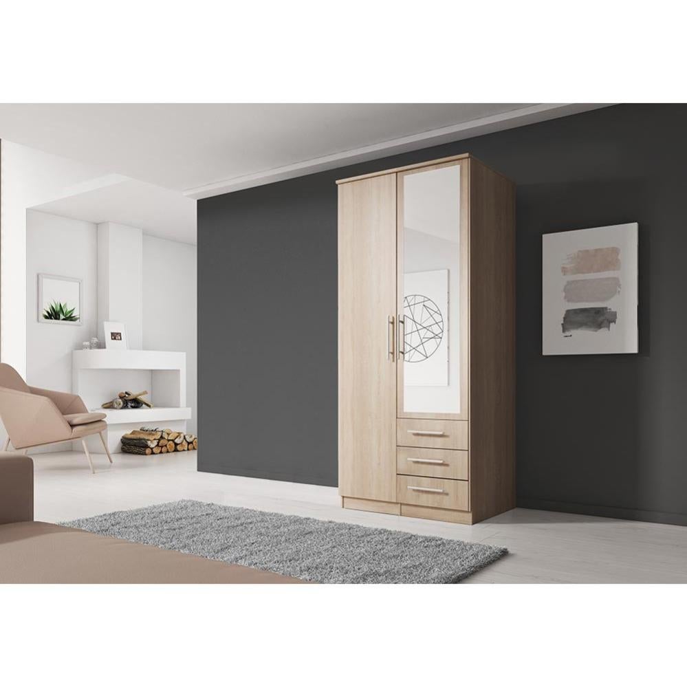 KOLLU Armoire avec miroir chambre/hall 210x100x64 cm 4 étagères+tringle+3 tiroirs Beige