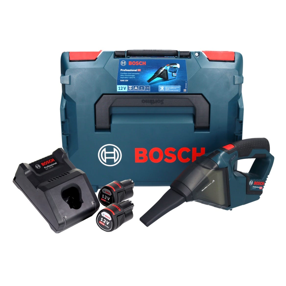 Bosch GAS 12V Professional Aspirateur sans fil avec boîtier L-Boxx + 2x  Batteries GBA 12 V 3,0 Ah + 1x Chargeur GAL 1230