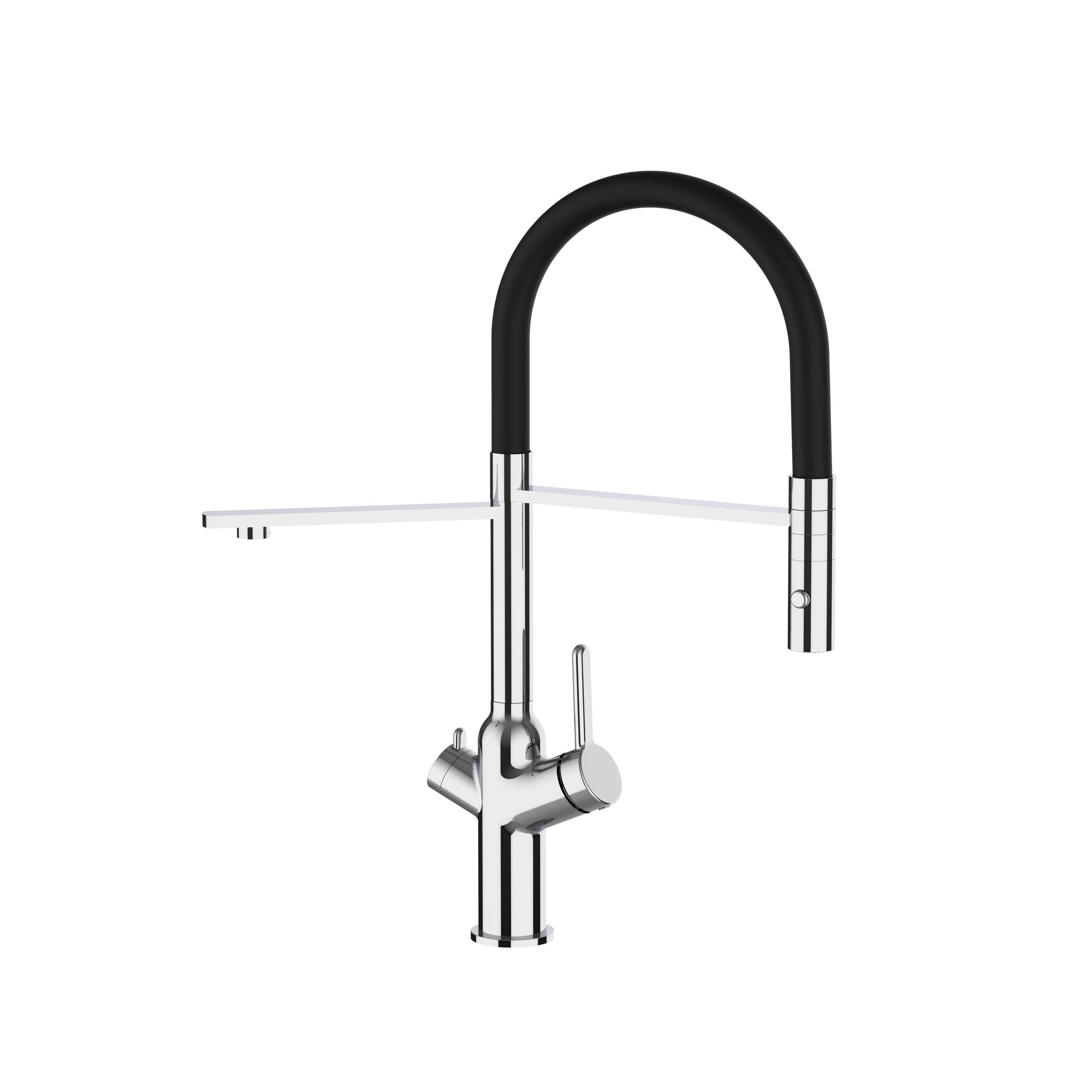 Grifo de cocina 3 vías cromado con caño alto giratorio 360° - muelle  flexible y ducha 2 chorros - doble conducto para sistemas de filtro agua