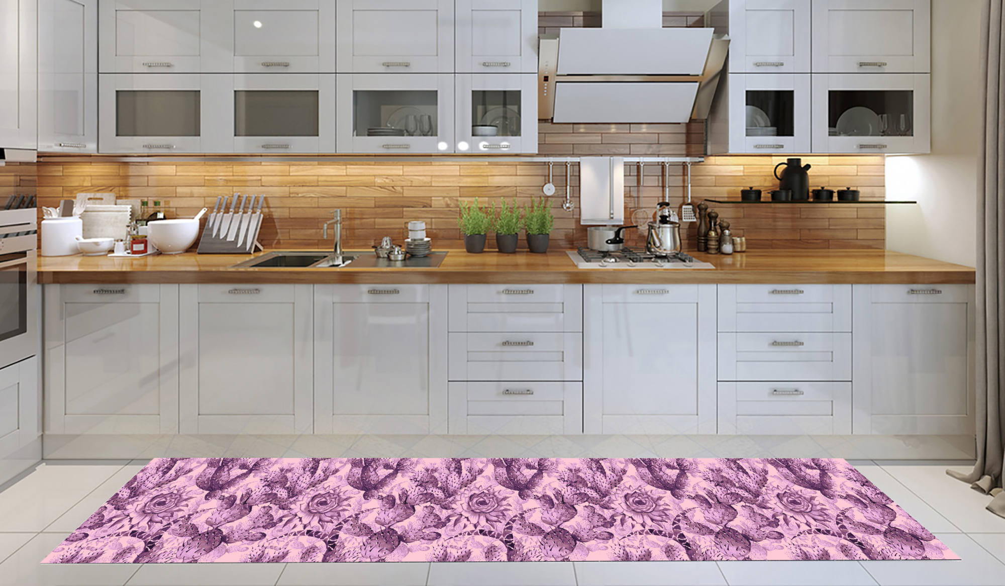 Camino de cocina, 100% made in italy, alfombra antimanchas con impresión digital, camino antideslizante y lavable, modelo cactus - brentley, cm 280x52