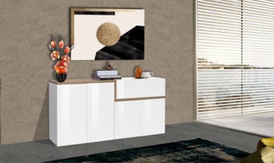 Credenza Omero, Madia da cucina a 4 ante, Buffet da soggiorno, 100% Made in  Italy, cm 160x45h86, Bianco lucido e Acero