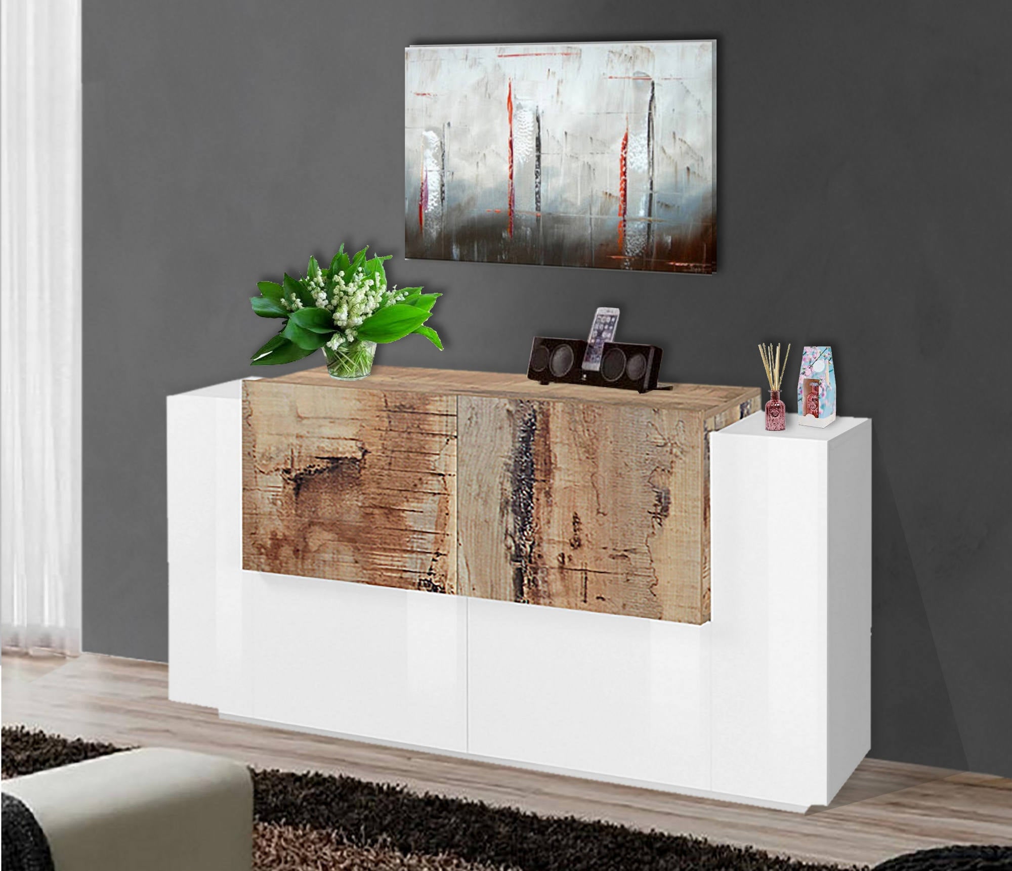 Credenza Dlenz, Madia da cucina a 2 ante e 2 cassetti, Buffet da soggiorno,  100% Made in Italy, cm 160x45h86, Bianco lucido