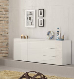 Credenza Paolo, Madia da cucina 3 ante e 3 cassetti, Buffet da soggiorno,  100% Made in Italy, cm 160x40h82, Bianco lucido e Acero, con imballo  rinforzato