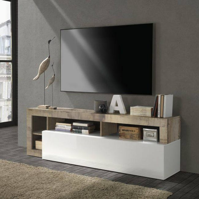 Mueble de televisión Ario, Aparador bajo para salón, Aparador para salón  para televisión, 138x35h45 cm, Blanco y Roble Nodi