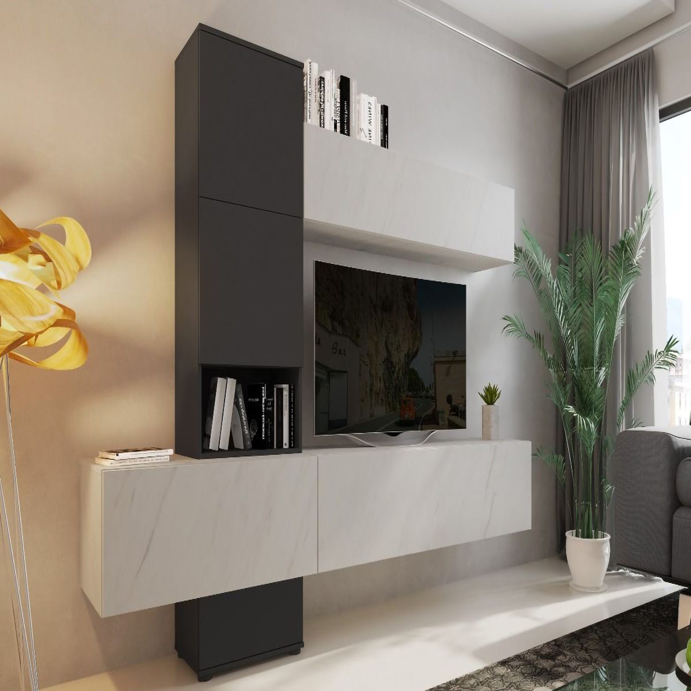 Mueble de salón, mueble TV con muebles altos, salón moderno con efecto  mármol de Carrara, 240x50xh196 cm, color blanco y antracita