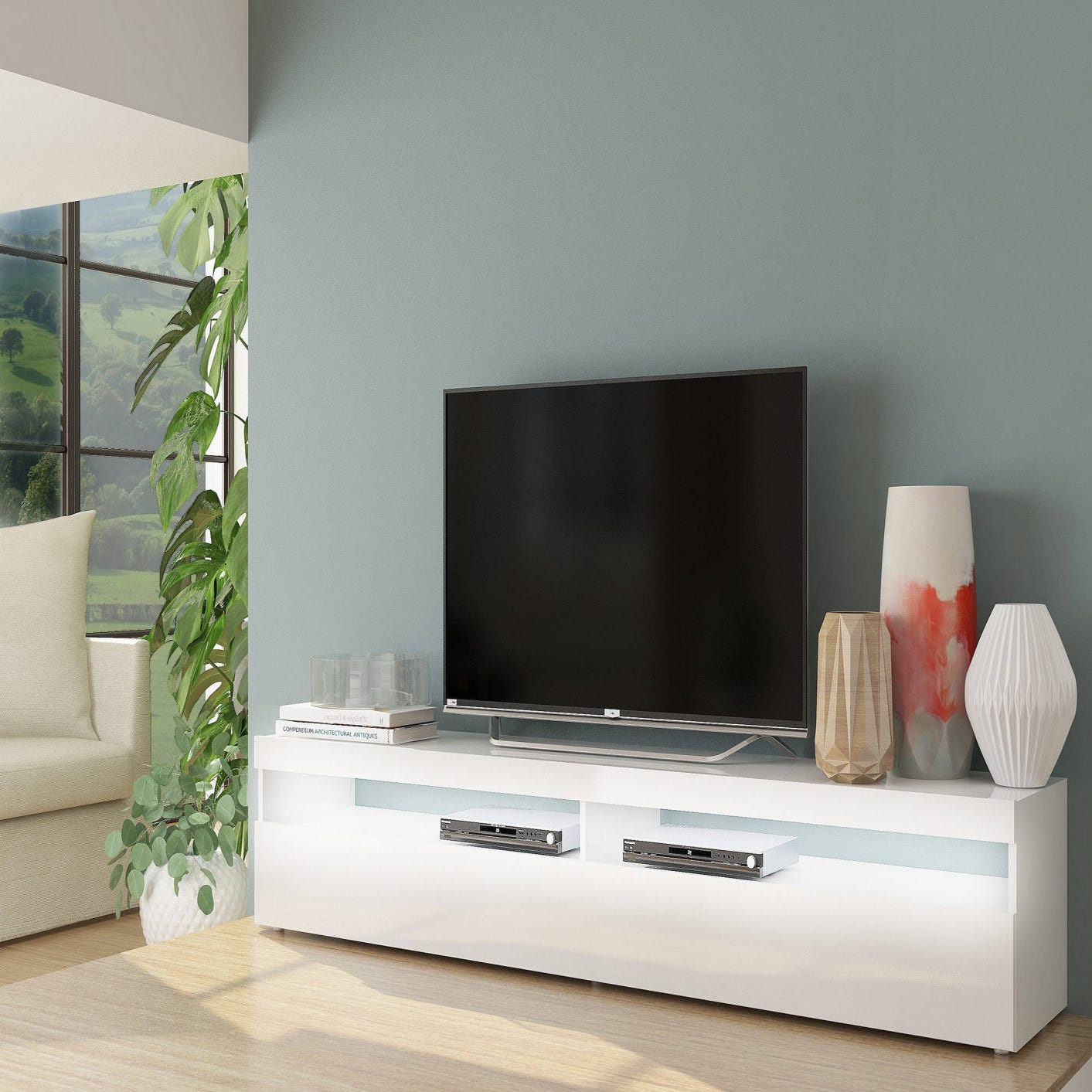 Mobile porta TV David, Credenza bassa da soggiorno, Base porta TV, 100%  Made in Italy, cm 200x45h36, Bianco lucido