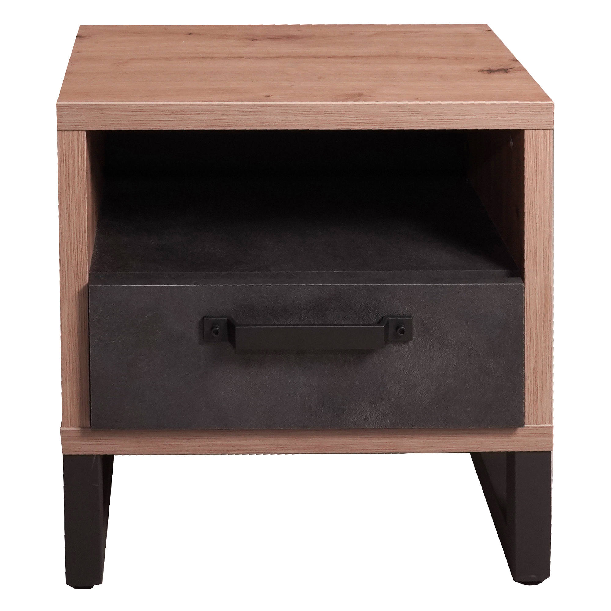 Comodino stile industrial con 1 cassetto e vano aperto, Tavolino moderno da  notte, Portaoggetti, Made in Italy, cm 52x35xh54, colore Rovere e Cemento