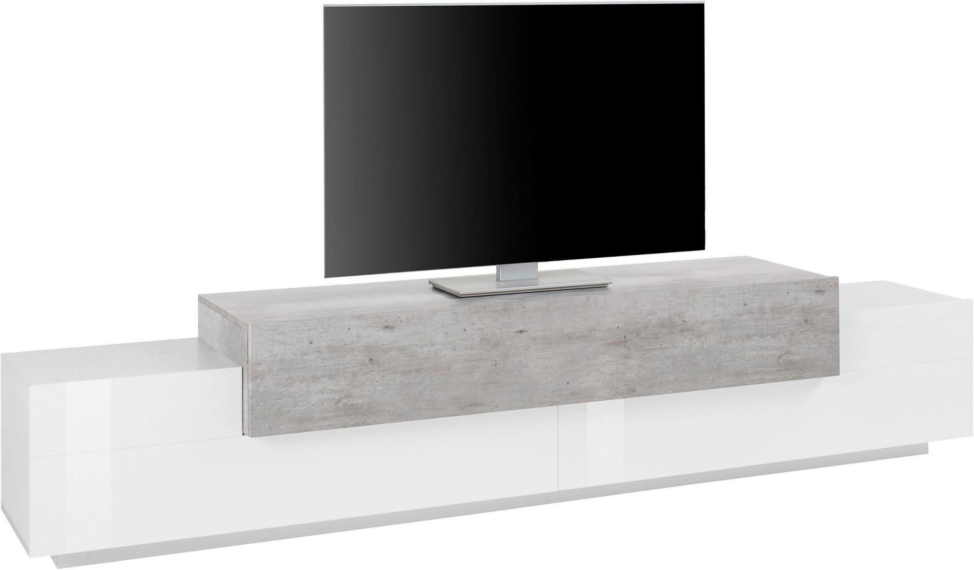 Mobile porta TV Nicola, Credenza bassa da soggiorno a 2 ante, Base porta TV,  100% Made in Italy, cm 200x43h46, Bianco lucido, con imballo rinforzato