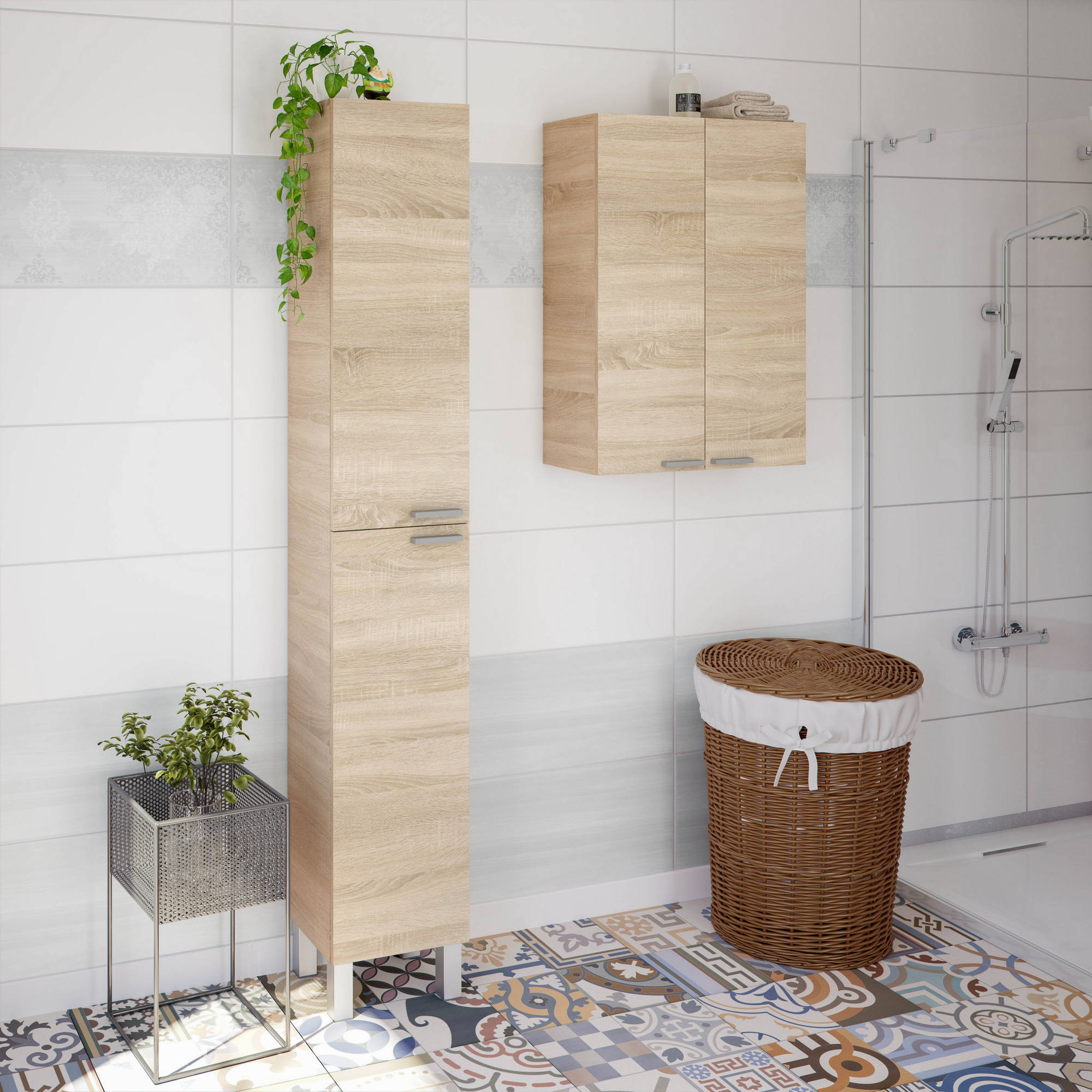 Colonna bagno Torrance, Mobile a colonna per bagno a 1 anta, Armadio  pensile sospeso con 1 ripiano, 30x25h85 cm, Rovere