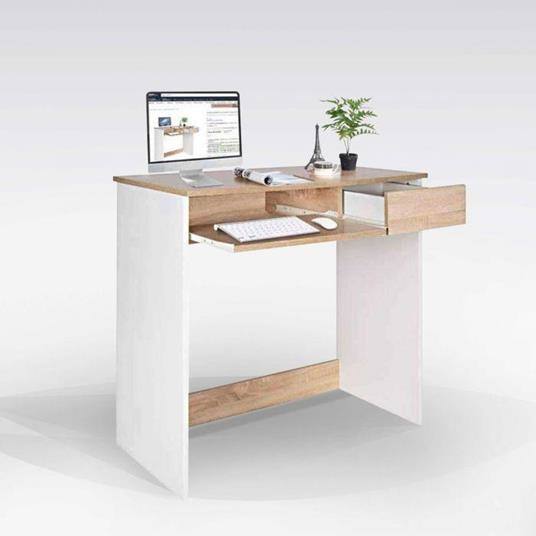 Scrivania per ufficio e studio, Consolle porta PC, Tavolo da computer  minimal, Made in Italy, cm 80x45h75, colore Bianco e Rovere