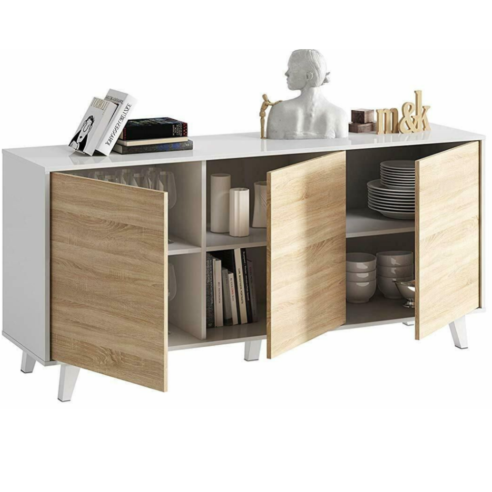 Credenza da Cucina Soggiorno o Sala da Pranzo in Legno, 3 Ante Bianco e