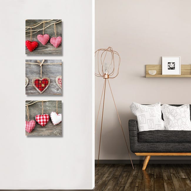 Tris Cuori Shabby Chic - seti di quadretti da parete stampa su tela per  cucina soggiorno 3 quadri 25 x 25 cm