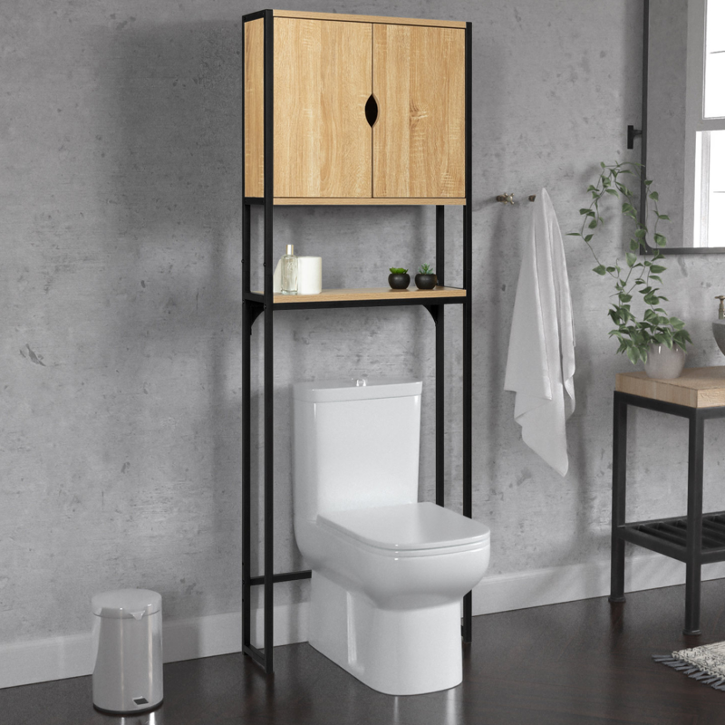 Bealife Meuble WC ,3 étagères ouverte réglable,2 portes ajourées, meubleen  bois dessus toilettes, Marron