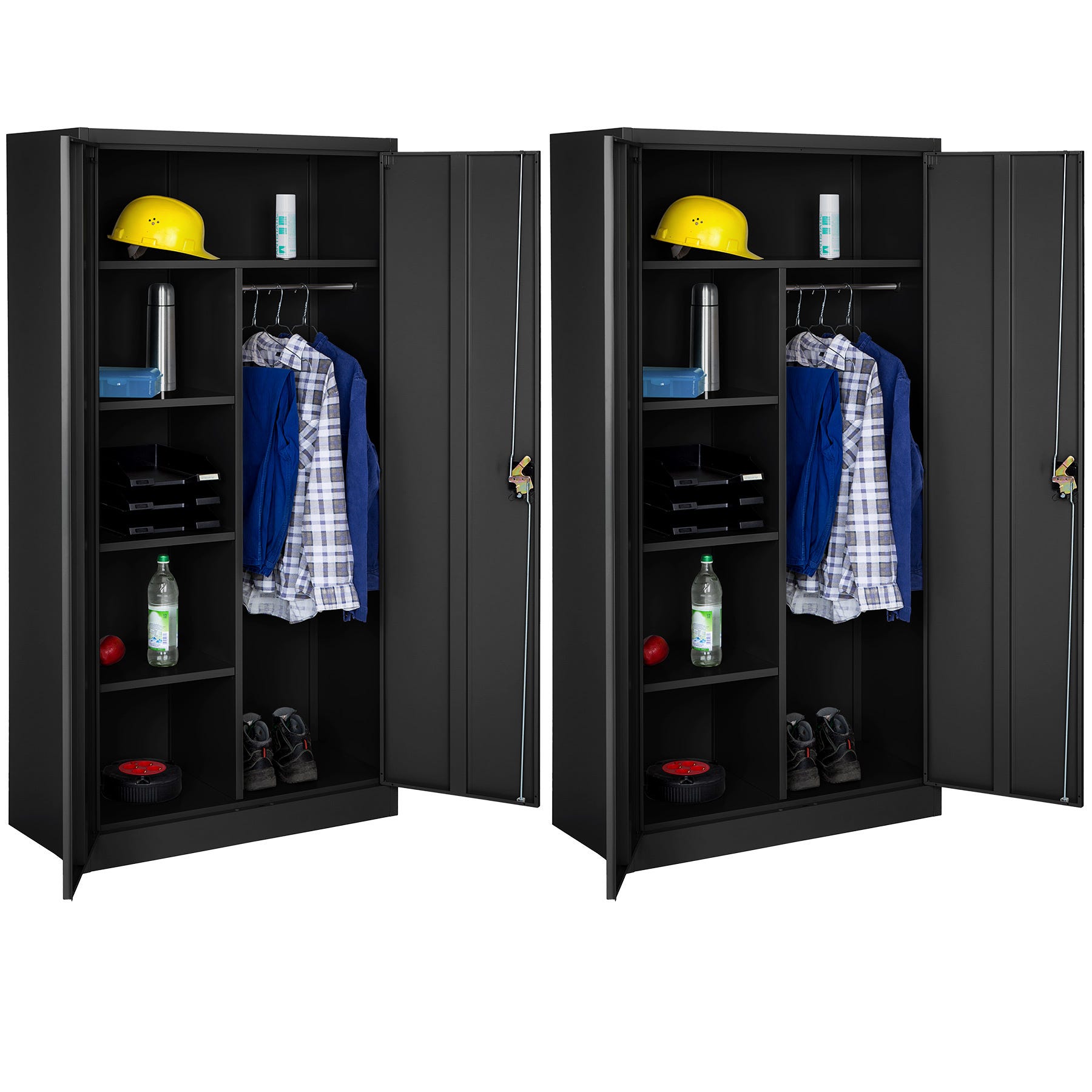 Tectake 2 armarios archivadores con cierre de seguridad y 6 compartimentos  + barra ropero 180x90x40cm - negro