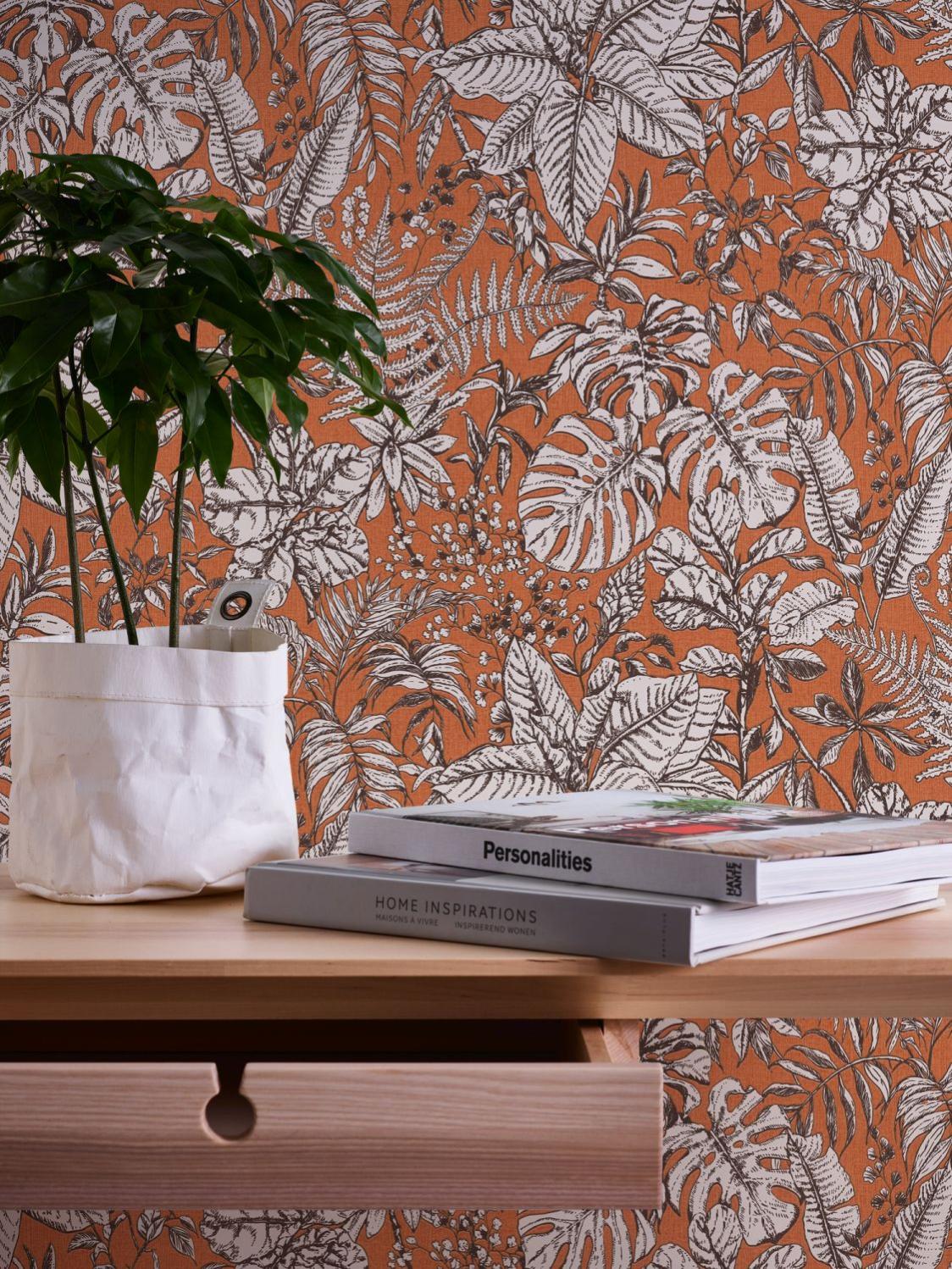carta da parati foglie tropicali arancia caldo, bianco e - 53 cm x 10,05 m - Livingwalls - 4