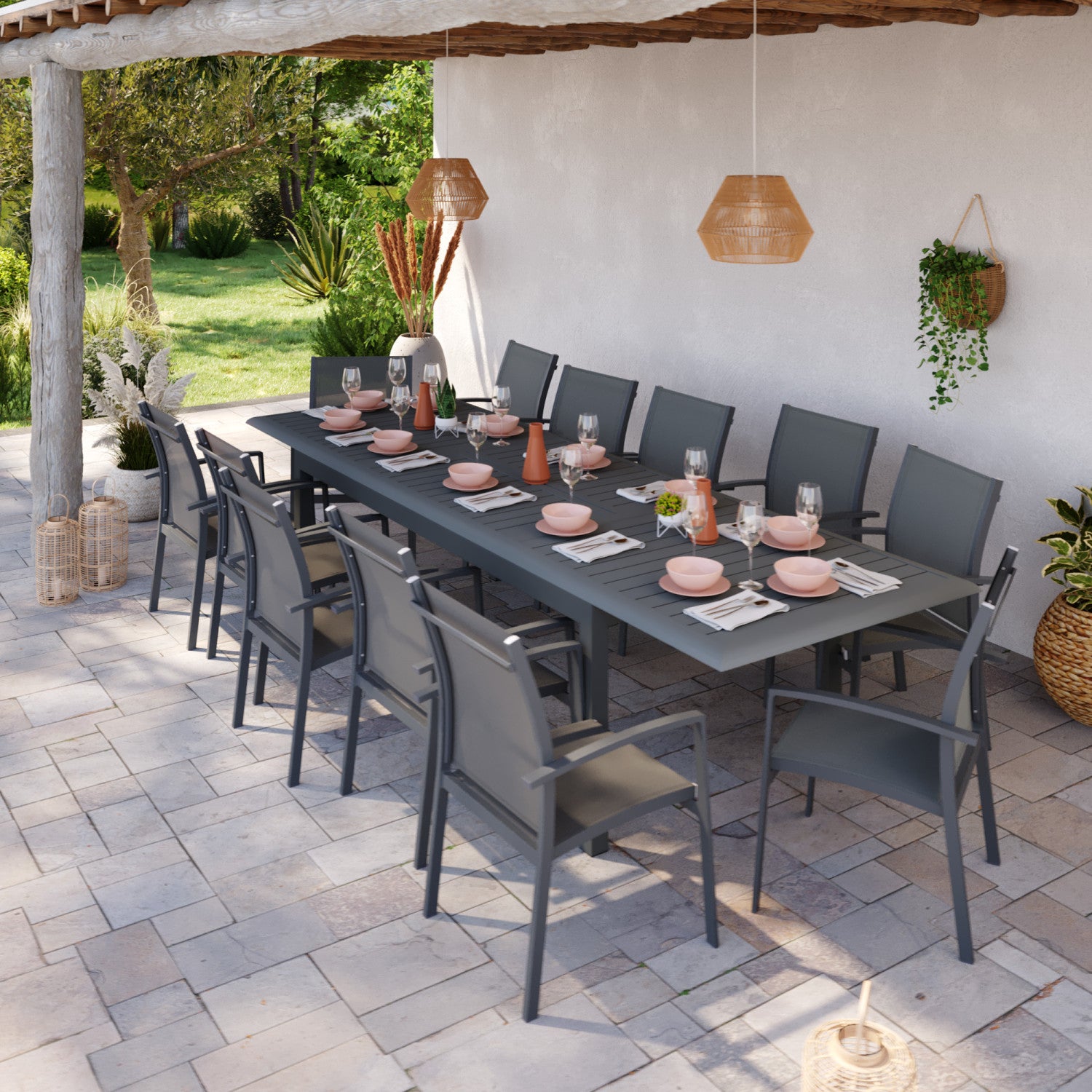 Ensemble table de jardin extensible 256-320 cm et 10 assises