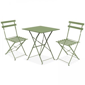 Table de jardin et 2 chaises acier vert cactus
