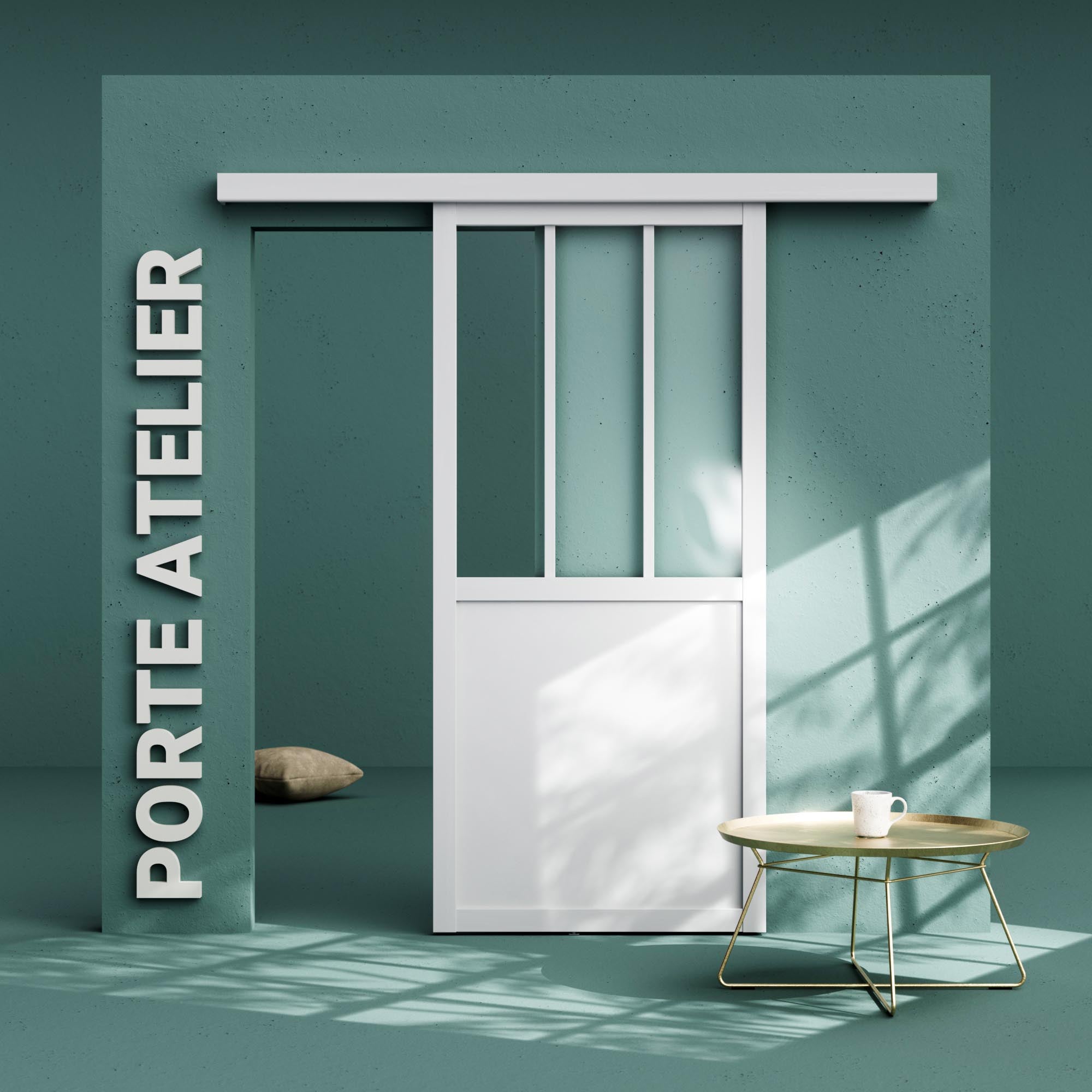 Porte coulissante Atelier Blanc Vitrage Transparent H.204xL.83cm + Rail  Bandeau Blanc + 2 Coquilles- GD MENUISERIES - Mr.Bricolage